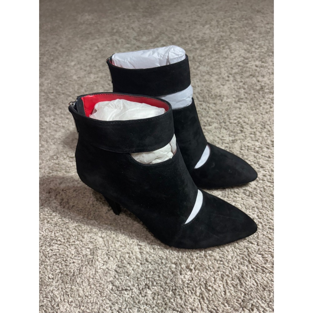 Charles Jourdan Sly Black Suede Cut Out Ankle Boots Red Lining Pointed Toe 7M